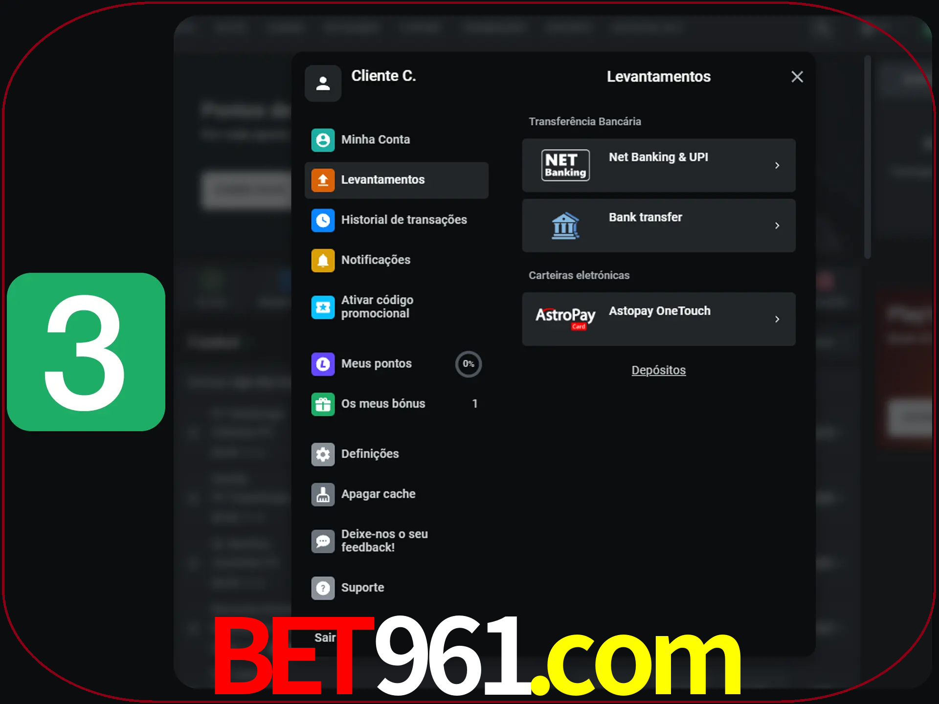 Escolha seu método de retirada.